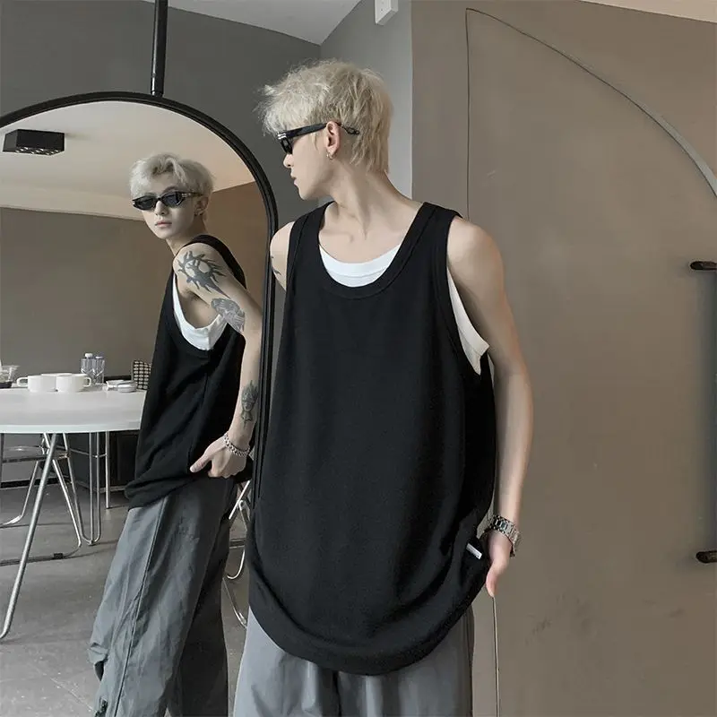 Sahte Iki parçalı Yelek Yelek erkek Yaz Trendy Amerikan Spor Gömlek Kolsuz Tişört Gevşek