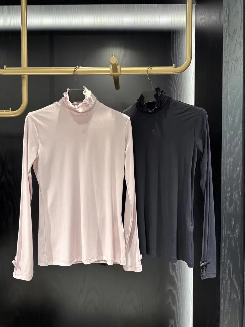 New autumn golf long sleeves stand up collar ribbon elegant shirt for women casual stretch layer high quality base shirt