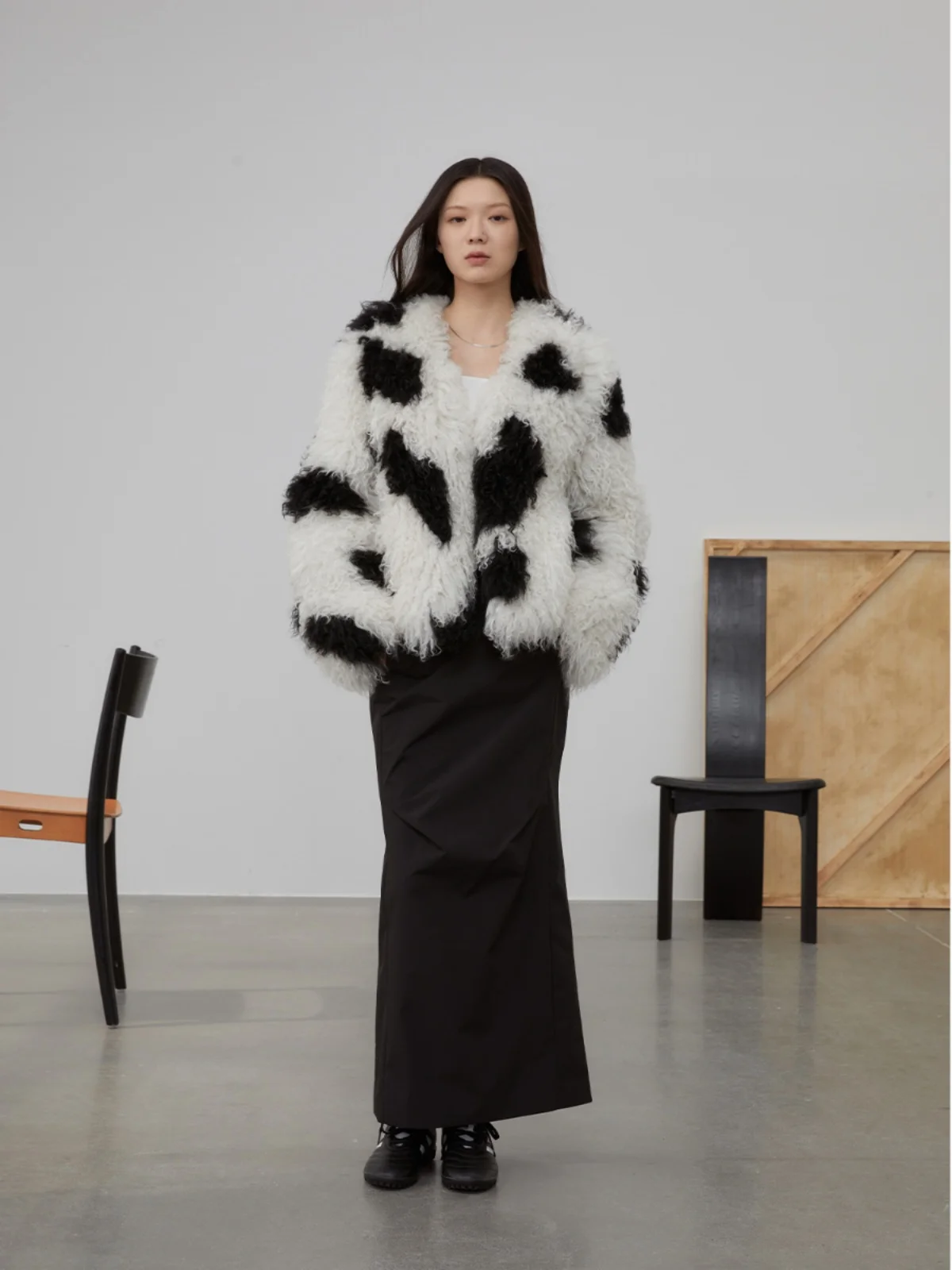 Cows Pattern Curly Yarn Double-Sided Woven Fur Short Plush Coat for Women
