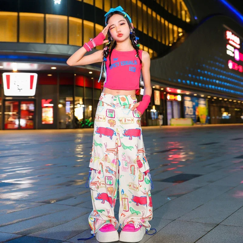 

Hip Hop Girls Crop Top Cartoons Cargo Pants Child Tank Tops Joggers Streetwear Clothes Sets Kids Sweet Street Dance Jazz Costume