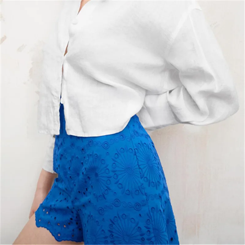cotton shorts 2022 Spring New Women's Clothing Hollow Embroidered Lace Fashion Versatile Casual High Waist Straight Shorts womens clothing