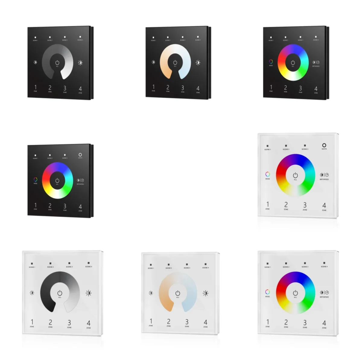 

100-240VAC Input 4Zones Touch Panel DMX Master Dimming/Color Temperature/RGB/RGBW Controller T11/T12/T13/T14 White & Black glass