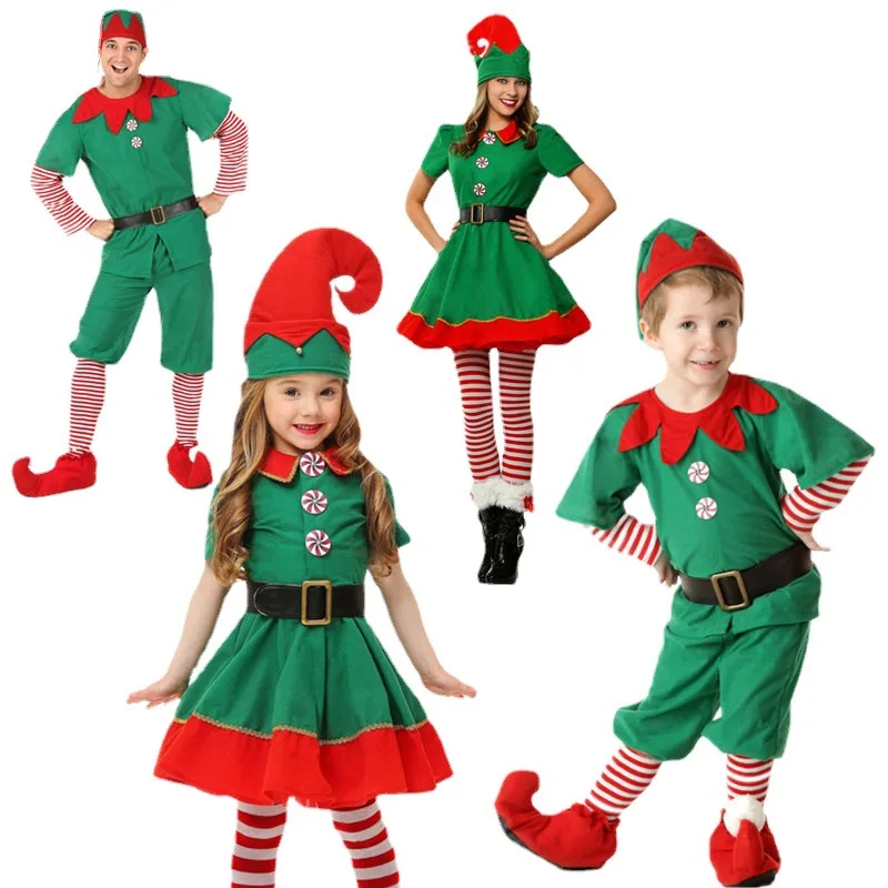 

2024 Christmas Elf Costume Girls Xmas Santa Claus Green Elf Dress For Kids Adults Family Matching Outfits Cosplay Clothing