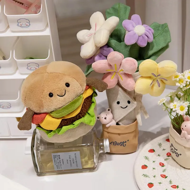 재미있는 샌드위치 햄버거 인형 봉제 장난감 소녀 하트 들고 꽃 인형, 창의적인 꽃다발, 홈 장식, 발렌타인 데이 선물