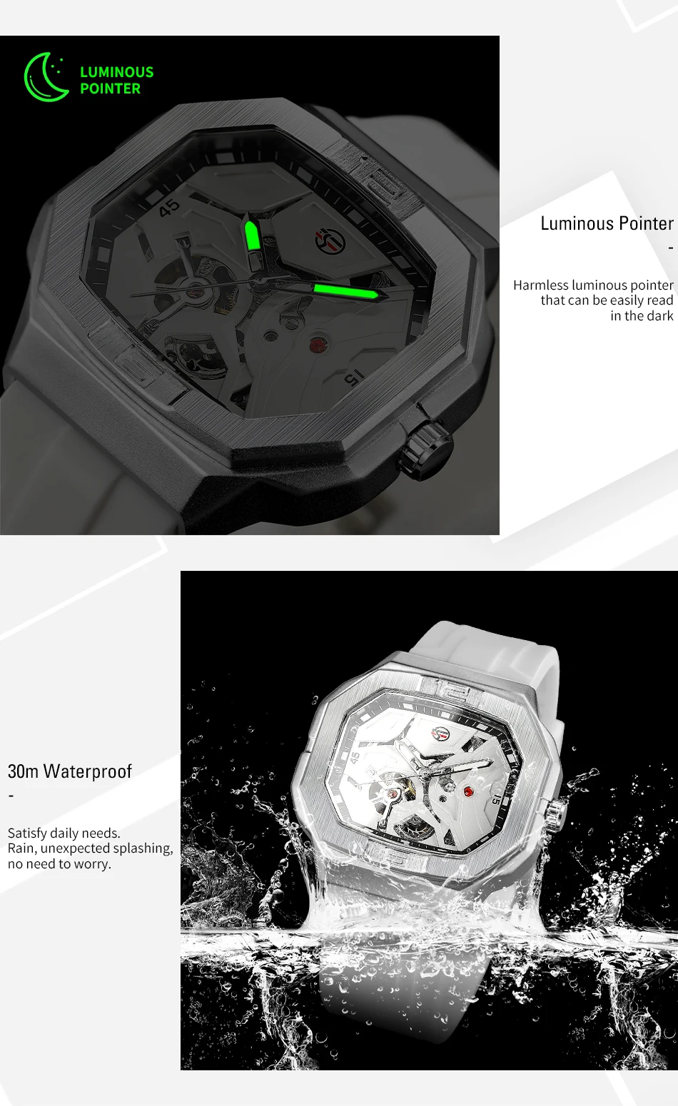 2024 FORSINING Square Skeleton Mechanische Echte Herrenuhr Automatisches Uhrwerk Weiße Sport Wasserdichte Luxus-Männeruhren_voghion.com