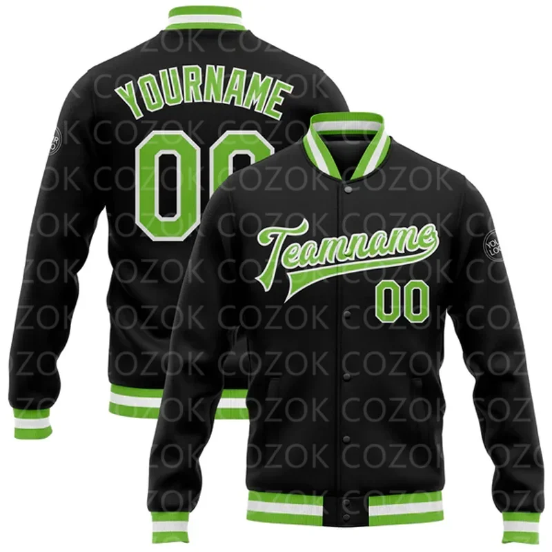 Custom Black Green 3D Printed Baseball Button Jacket Bomber Full-Snap Varsity Letterman Jacket