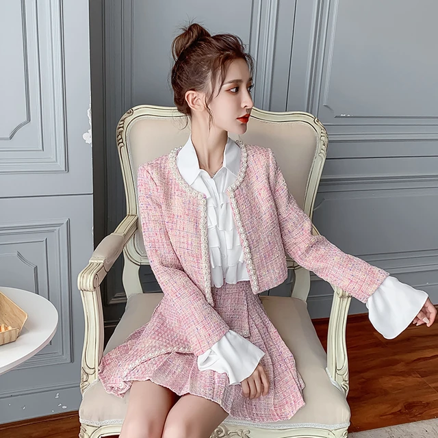 Pink Tweed Suit 2023 Women Fall Winter Luxury Pink Tweed Jacket + Ruffle  Mini Skirt Elegant Women 2 Piece Suit Korean Skirt Set - AliExpress