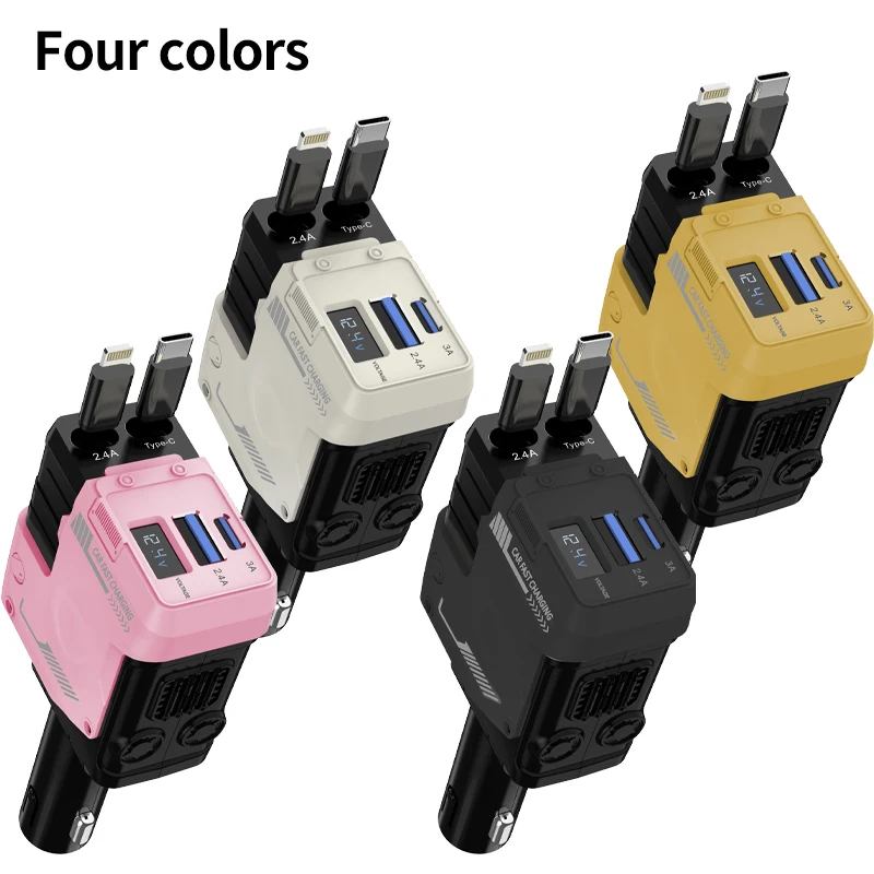 شاحن سيارة 120 وات، محول ولاعة سجائر 4 في 1 قابل للسحب مع كابل شحن سريع USB من النوع C لأجهزة iPhone وAndroid