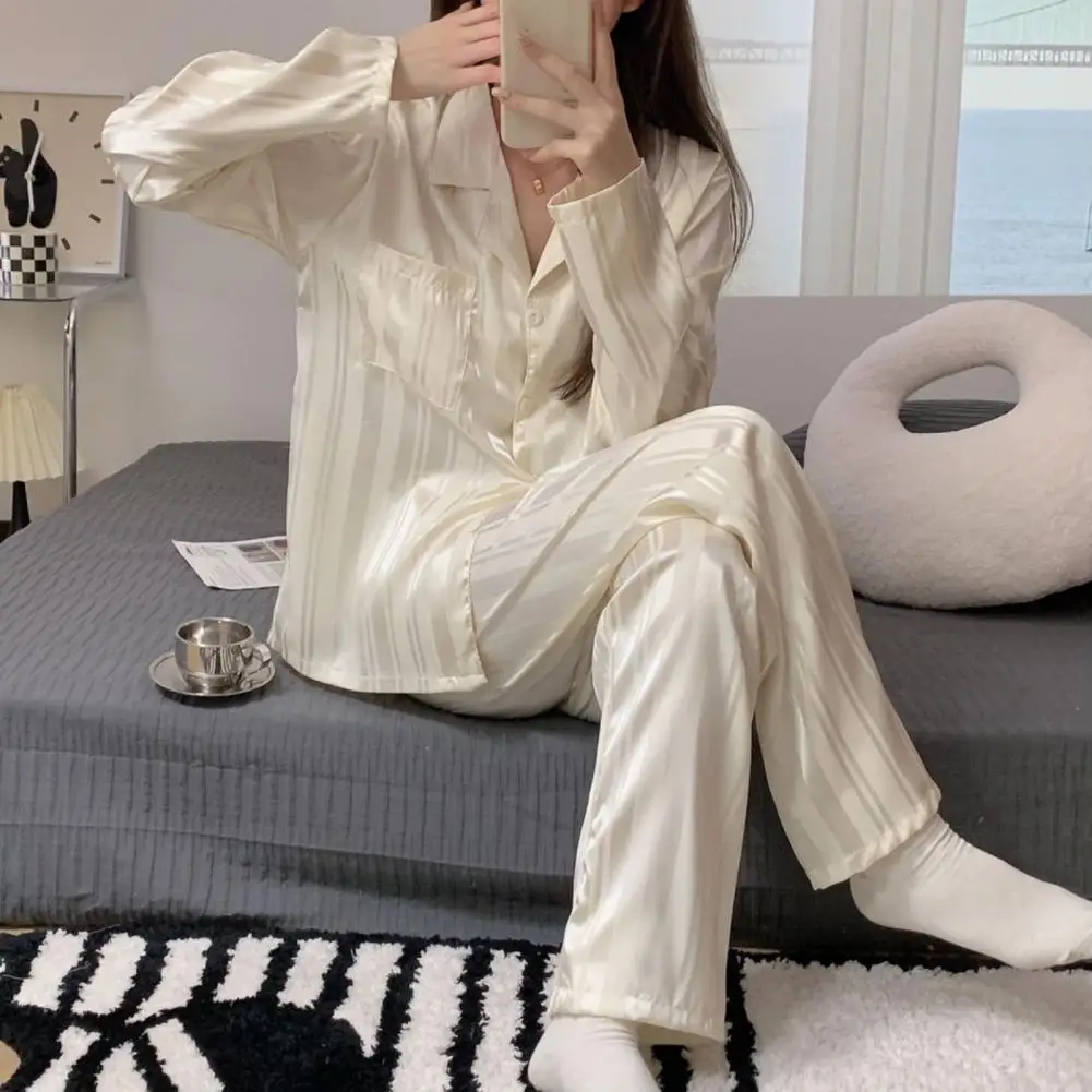 

Sleepwear Lapel Long Sleeve Pajama Set Pockets Buttons Placket Straight Wide Leg Imitation Silk Smooth Top Long Pants Loungewear