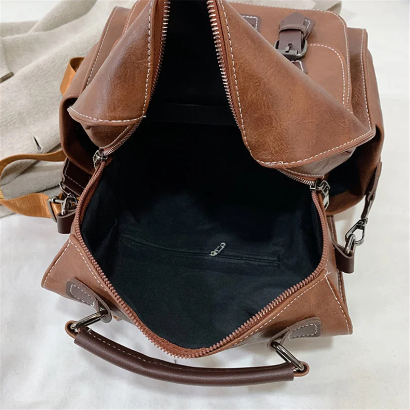 2023Trendy Women's Backpack Vintage Pu Leather Daypack Brown Female Casual And Travel Bag Retro Student School Bags For Women