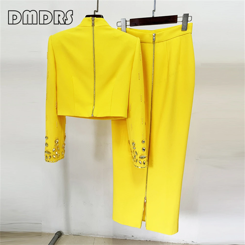 2 Pieces Formal Prom Dress Jacket With Mini Skirt Pearls High Neck Formal Outfit Luxury Yellow Crystals Suit Set,