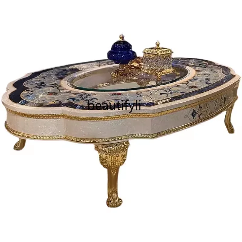 

French Shell Mosaic Oval Tea Table European Luxury Solid Wood Carved Coffee Table Villa Living Room Coffee Table furniture