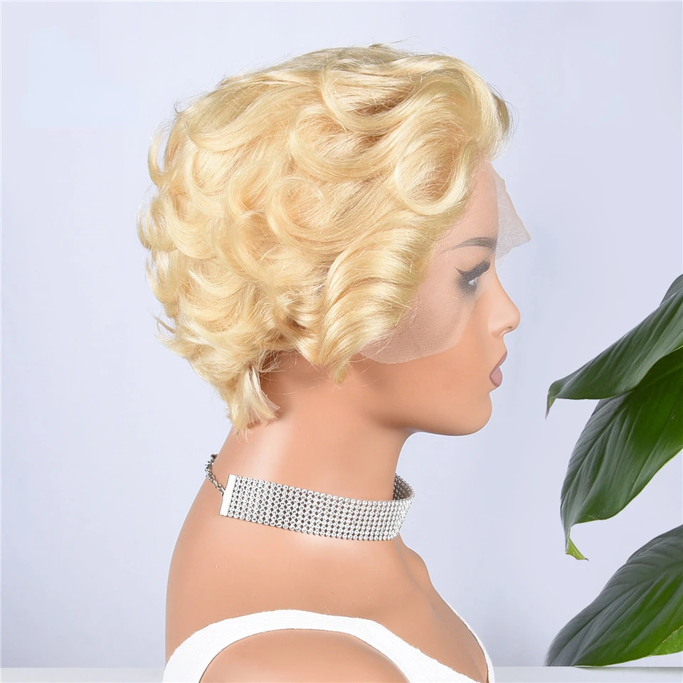 Blonde 13x1 Lace Pixie Cut Wigs Curly Wigs Remy Brazilian Blonde Lace Front Human Hair Pre Plucked Transparent