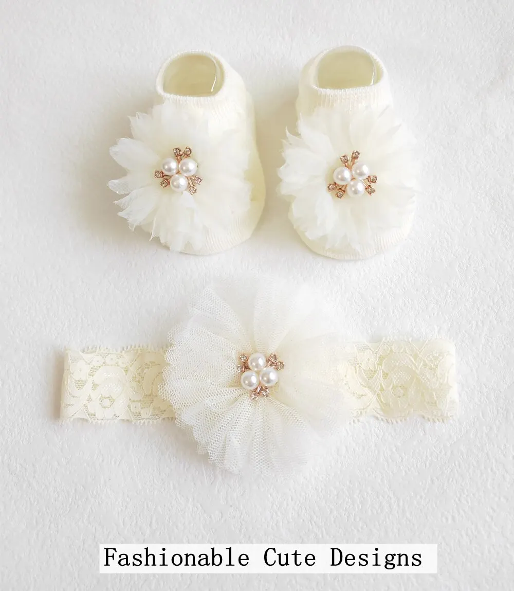 Süße Perle Schleifen Baby Stirnband Socken Set rutsch feste Baumwolle Socke Spitze Blume Neugeborenen Haarband Turban Mädchen Haarschmuck – Detail 5