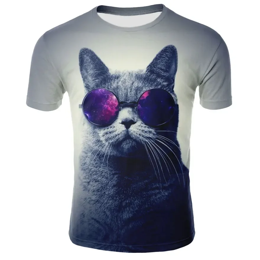 

3D printed personality casual animal cute cat short sleeve T-shirt trend street O collar short sleeve loose top
