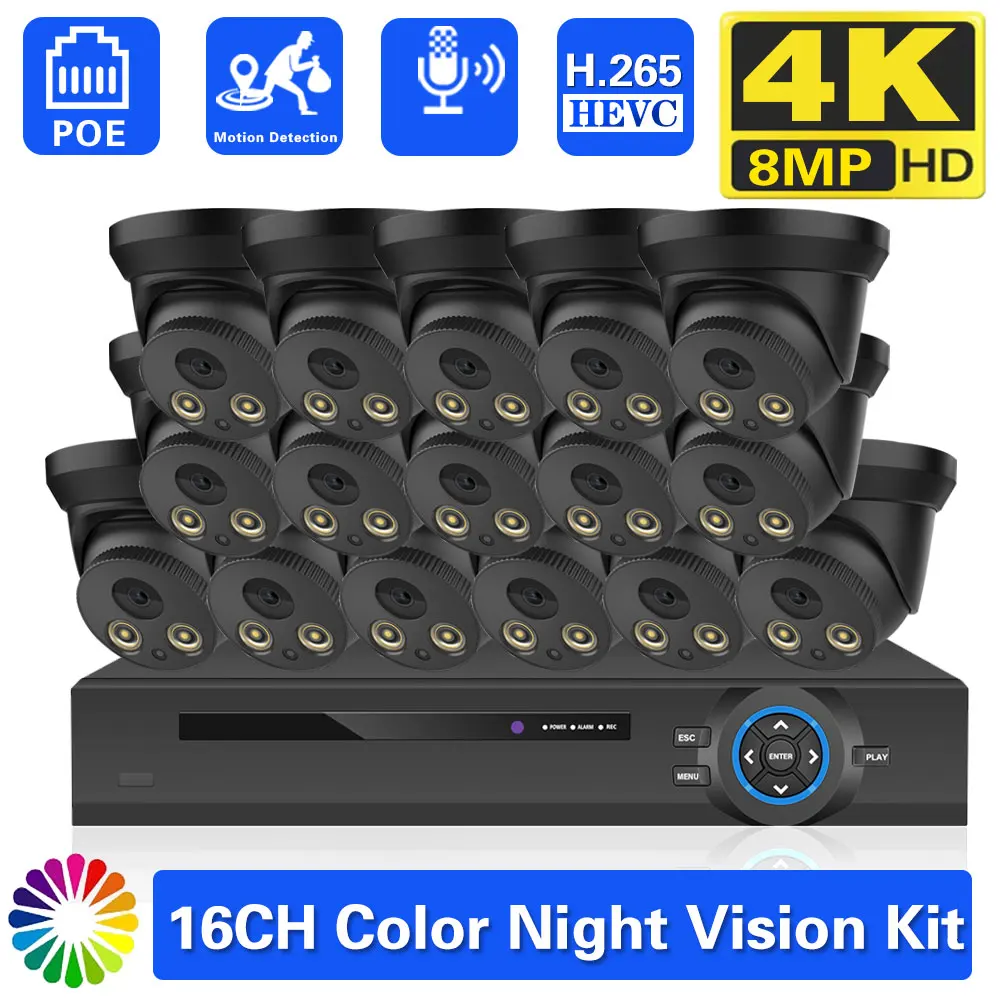 H.265 16CH 4K 8MP POE Security NVR Camera System Two way Audio Dome Full Color Night Vision Video Surveillance Protection Kit