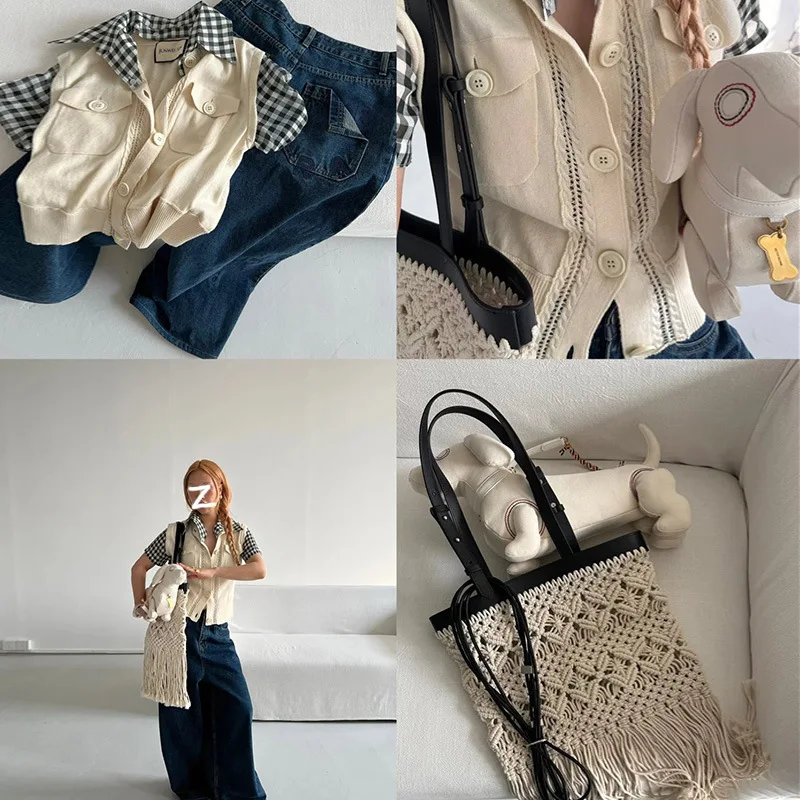 Handmade braided bag 2025 new cotton thread braided bohemian one-shoulder tassel bag fashion ladies hand-held vacation beach bag