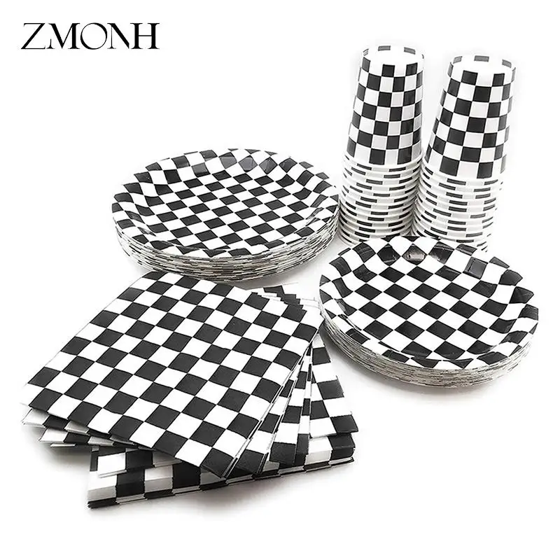 Black White Checked Birthday Party Paper Plate Tissue Cup Disposable