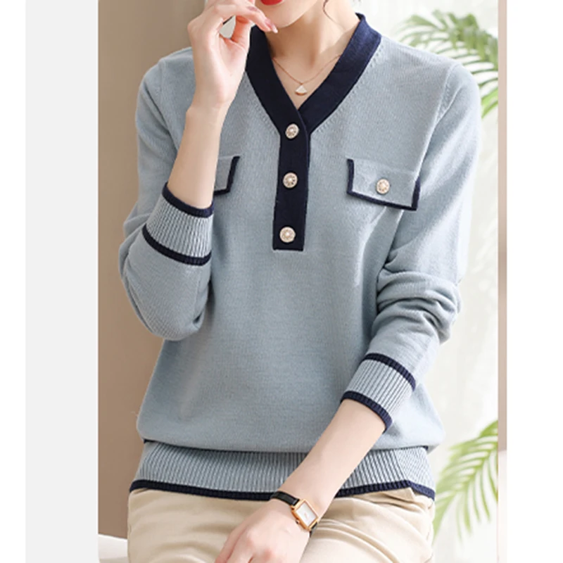 

Autumn 2022 Winter New Slim Knitted Pullover Sweater Women V Neck Knit Sweaters Button Long Sleeve Top Casual Womens Clothing