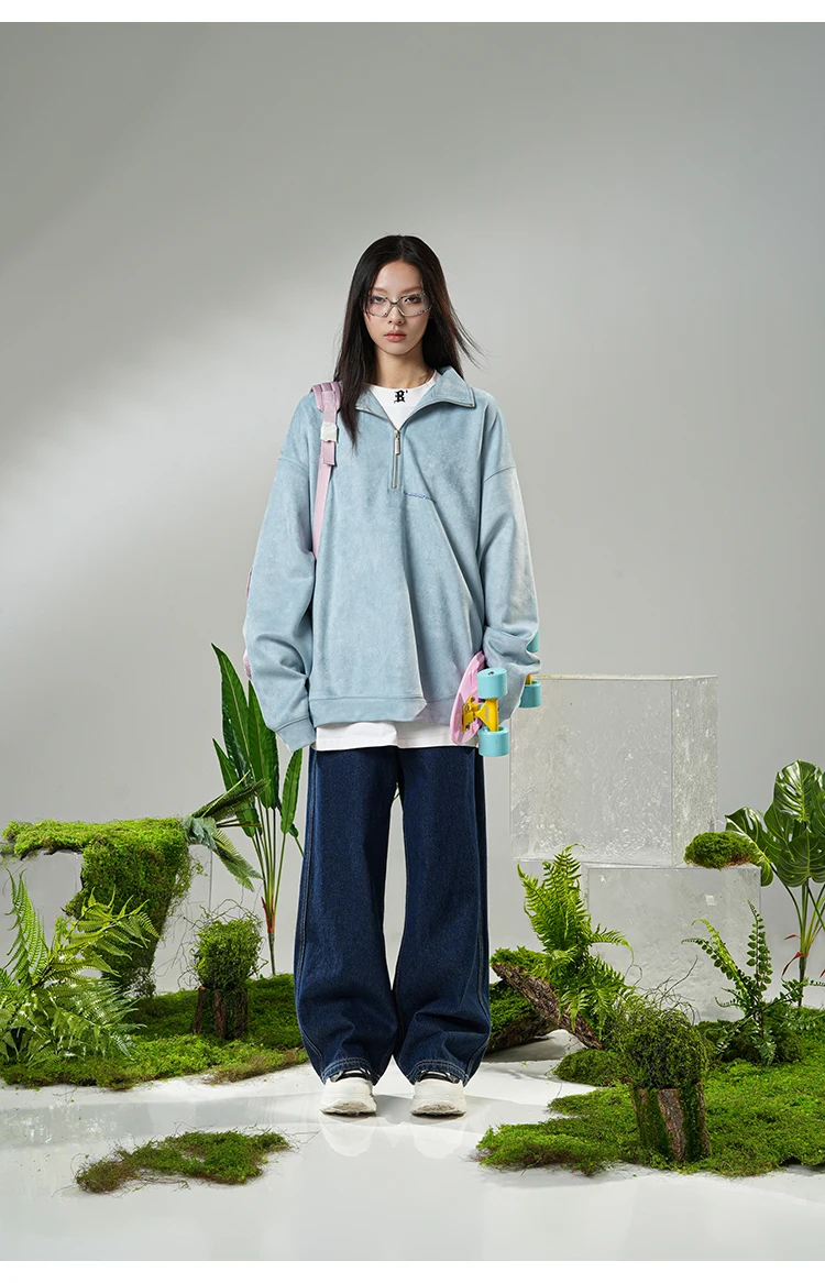 Pullover Sweater Men's Women's Same Cotton Embroidery Spring Autumn American Style Collar Fashion Casual Loose Half Zipper Coat