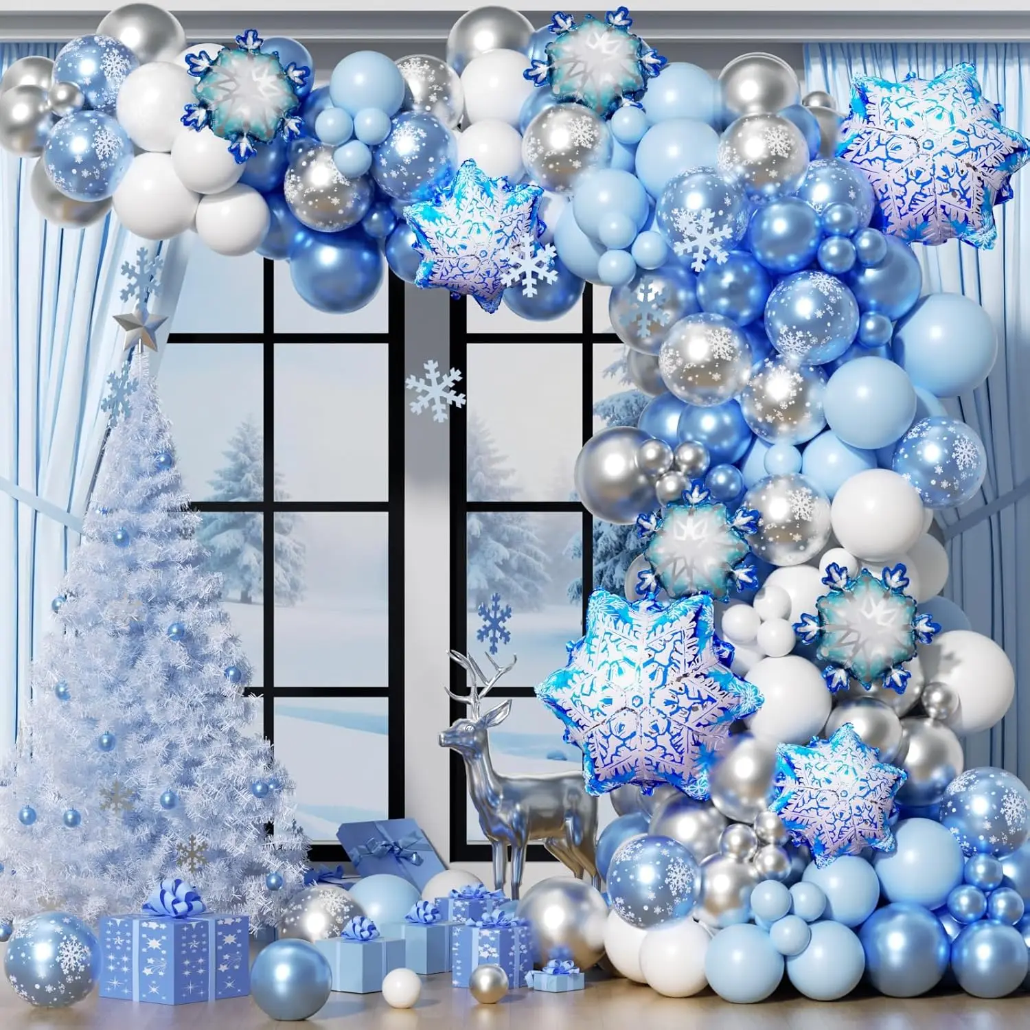 Kit Arche Ballons Noël Hiver Flocons Bleu & Argent