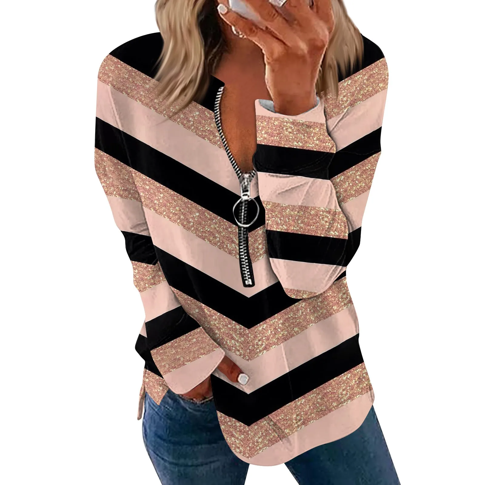 

2024 Thick Stripes T Shirts Women Spring Summer Long Sleeves Loose Zipper Ladies Sweatshirt Casual Women Clothing