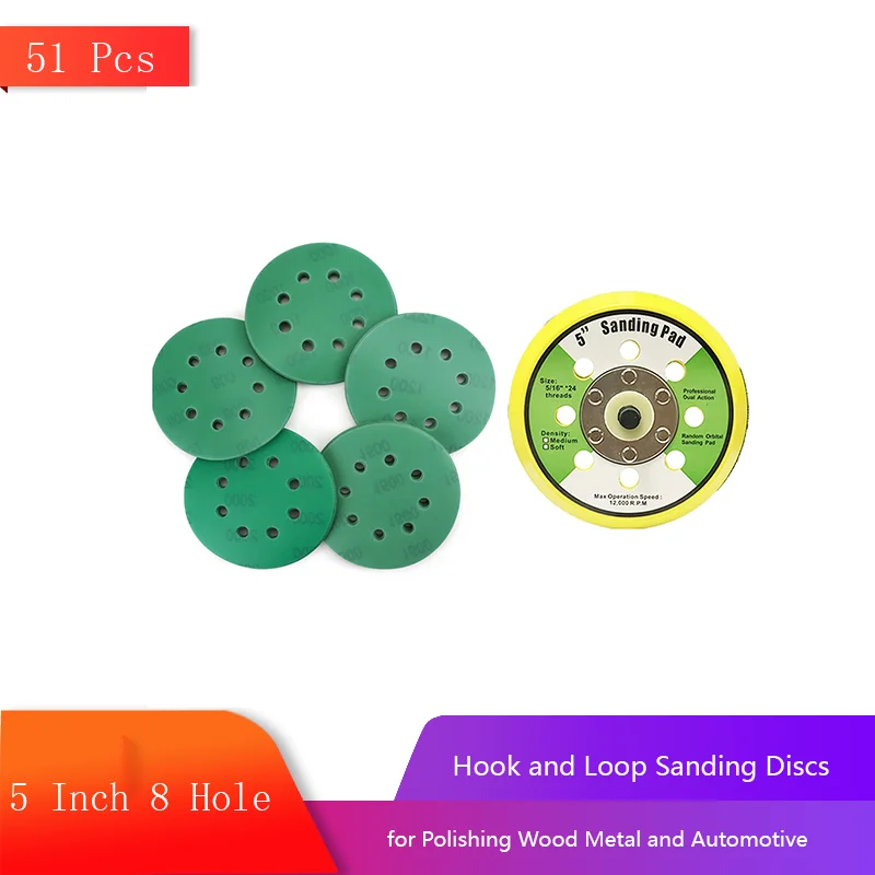 

5 дюймов 8 отверстий крючок и петля шлифовальные диски 51 шт. с шлифовальной подушкой заменяет наждачную бумагу для полировки дерева металла и автомобиля