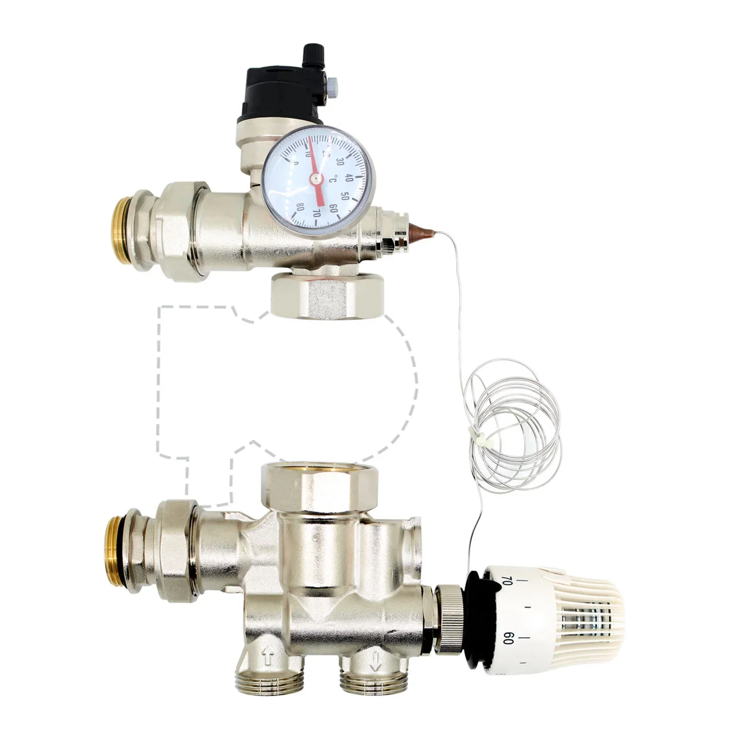ชุดปั๊มผสมอุณหภูมิสําหรับ Central underfloor Heating manifold หม้อน้ําสะสมปั๊มหมุนเวียน 1