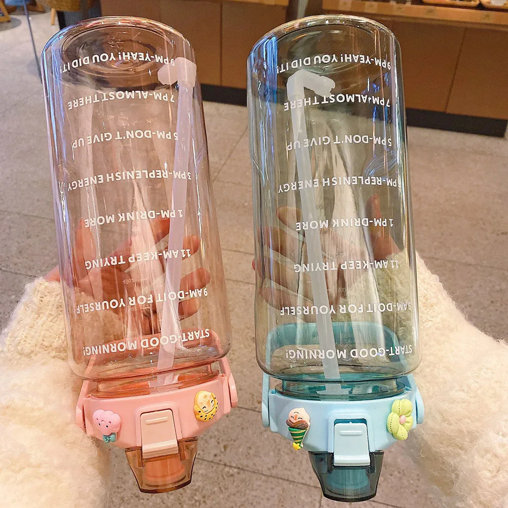 Sports Water Bottle 2L Portable Plastic Straw with Time Marker