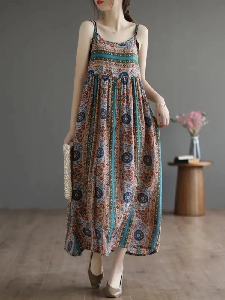 

Retro Print Halter Dress Female Summer New Fashion Bohemian Vacation National Wind in The Long Paragraph High Waist Casual Dress