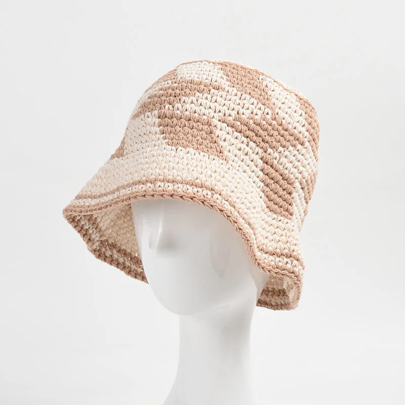 

New Women's Checkered Crochet Fisherman's Hat Japanese Outdoor Beach Bucket Hat