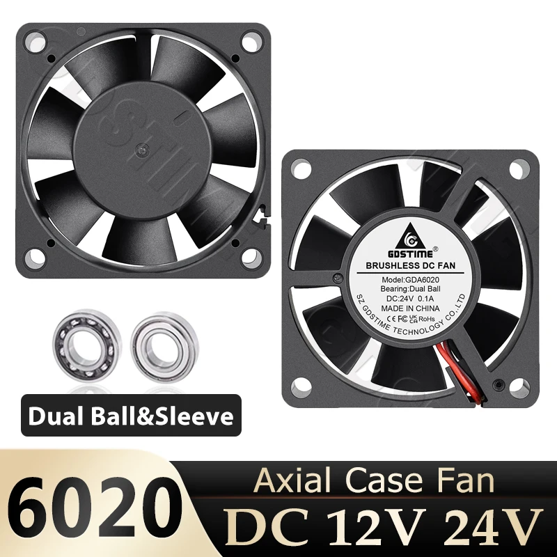Gdstime 60 millimeter 12 volt fan 6020 DC 24 volt brush fan 6 centimeter 60x60x20 millimeter dual ball bearing axial cooling fan c...