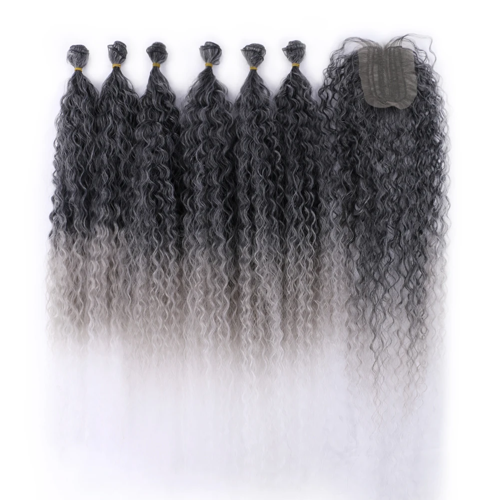 

Synthetic Afro Kinky Curly Hair Bundles Extensions With Closure 24/26/28 inch Black Grey White Hair Weave