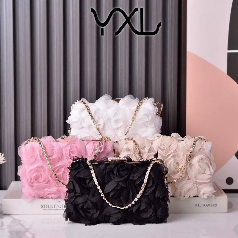 Chiffon flower dinner bag champagne WOMEN'S clutch bag handmade dress garment bag diamond decorations bag