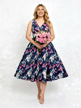 Plus Size Navy Floral Print Dress, Retro Sleeveless Flared Midi Dress with Cinched Waist