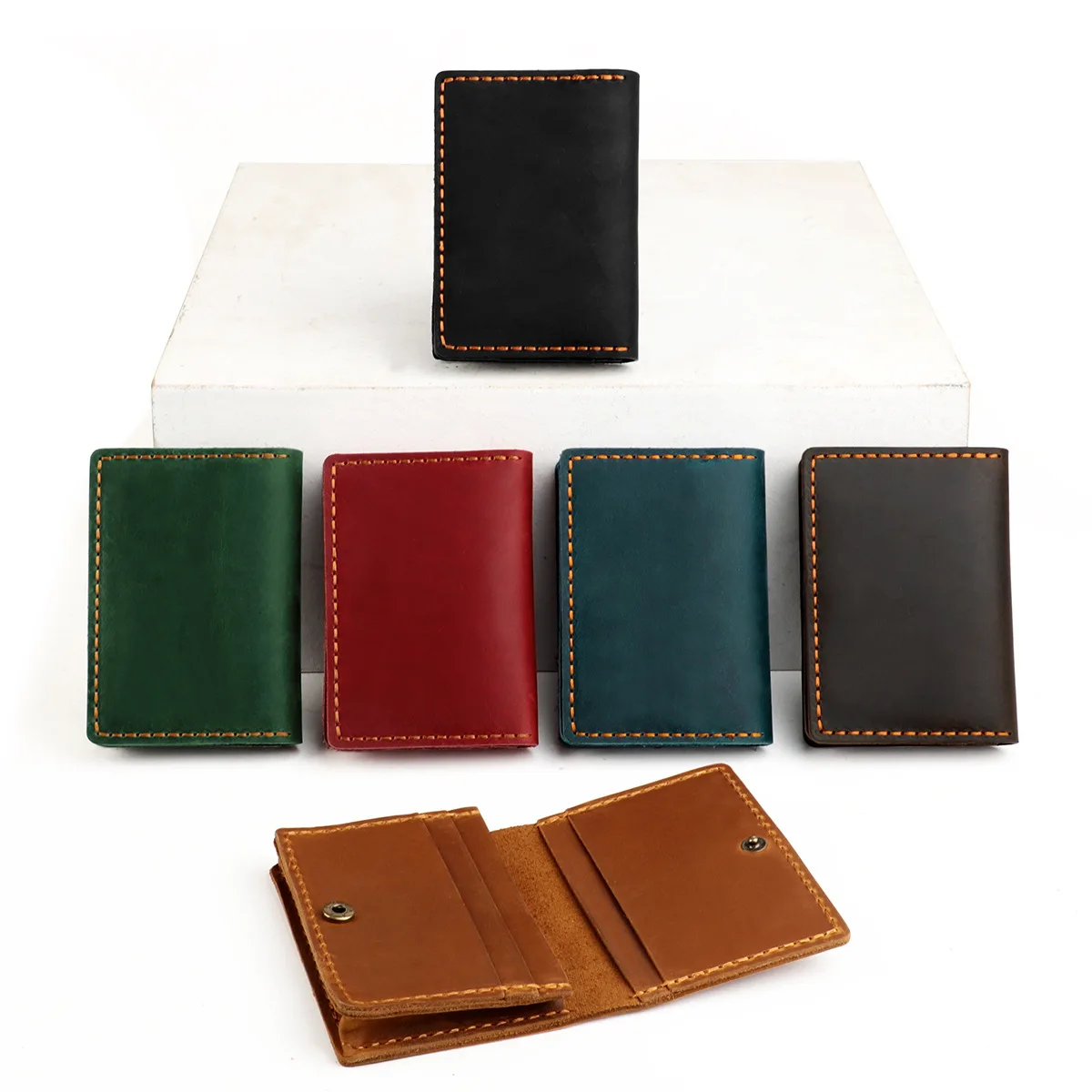 Genuine Leather Business Card Holder Name Card Case Credit Card Wallet with Hasp Snap Handmade 100% Leather Short Wallet for Men
