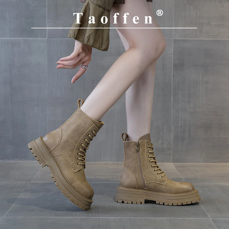 Taoffen 여성용 레저 앵클 부츠, 레이스업 블록 힐, 라운드 토, 미끄럼 방지 부츠, 단단한 두꺼운 방수 지퍼, 레이디 신발