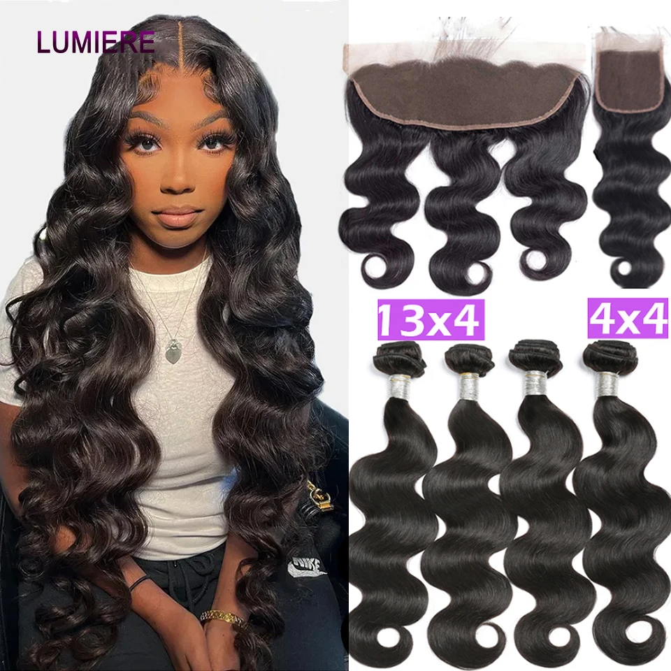 Human Hair Bundles 28 32 40Inch Body Wave with Closure Frontal Peruvian Remy Extension
