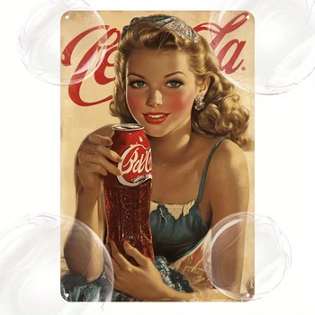 Vintage "Cola Soda" Metal Tin Sign - Retro Wall Art with Classic Blue Dress & Red Soda Can Design, Rustic Iron Poster for Home