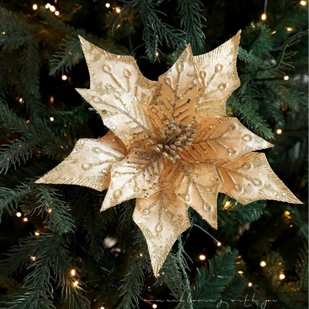 Artificial Poinsettia Flower Gold Red Glitter Christmas Decoration