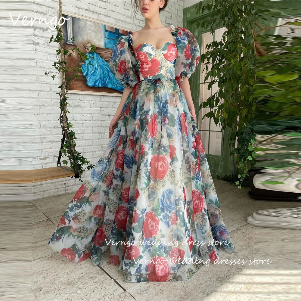 

Verngo 2023 New Printed Floral Evening Dresses Short Puff Sleeves Sweetheart Princess Formal Party Prom Gowns Vestidos de fiesta