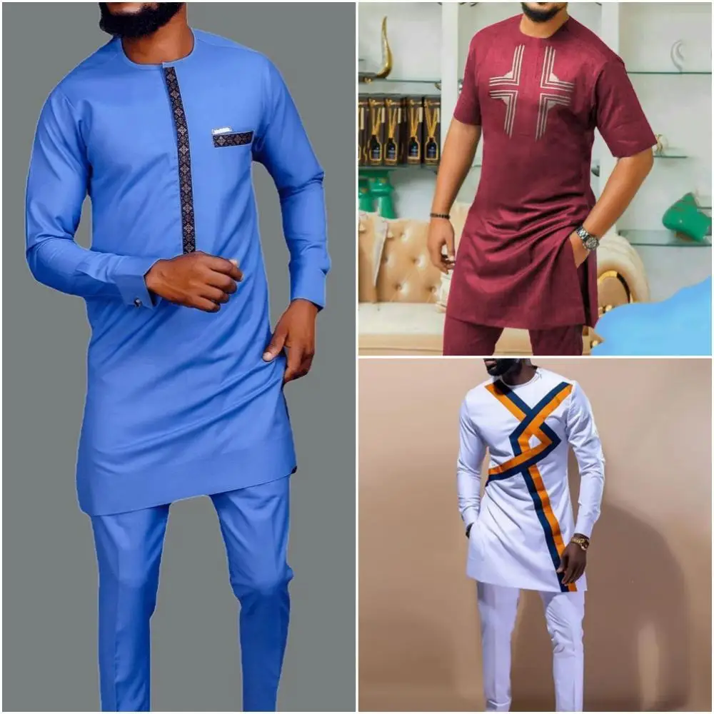 African Wear For Men's Suits Solid Color Simple Shirts and Pants 2PCS Sets Outfit Fashion Casual Wedding