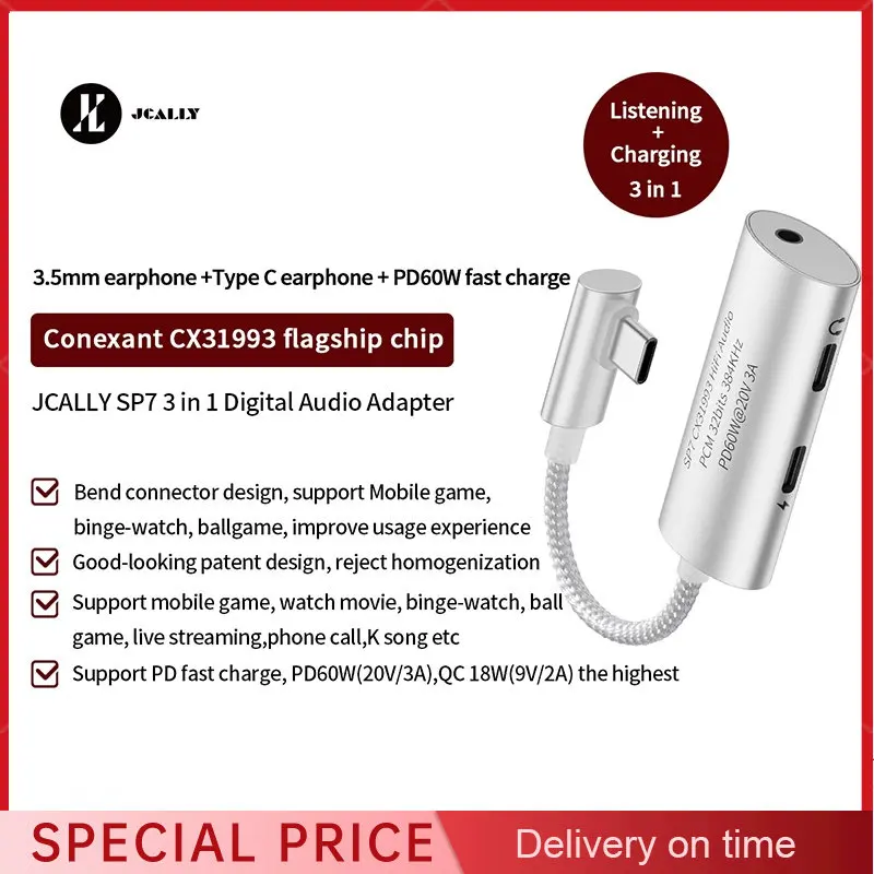 JCALLY SP7 CX31993 Audio Adapter 3.5mm Type-C Support PD 60W Charge 3 In 1 Digital Audio Adapter Cable audio adapter