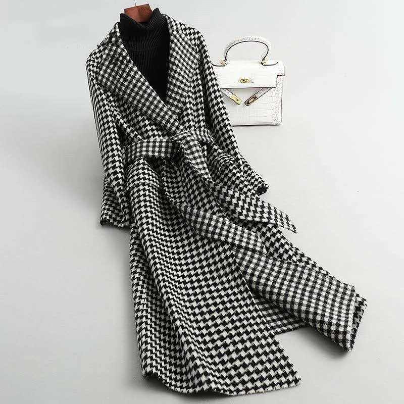 

Winter Black White Check Belt Women's Coat Warm Checkered Coats Female 2023 Thicken Women Jacket Long Overcoat Outwears