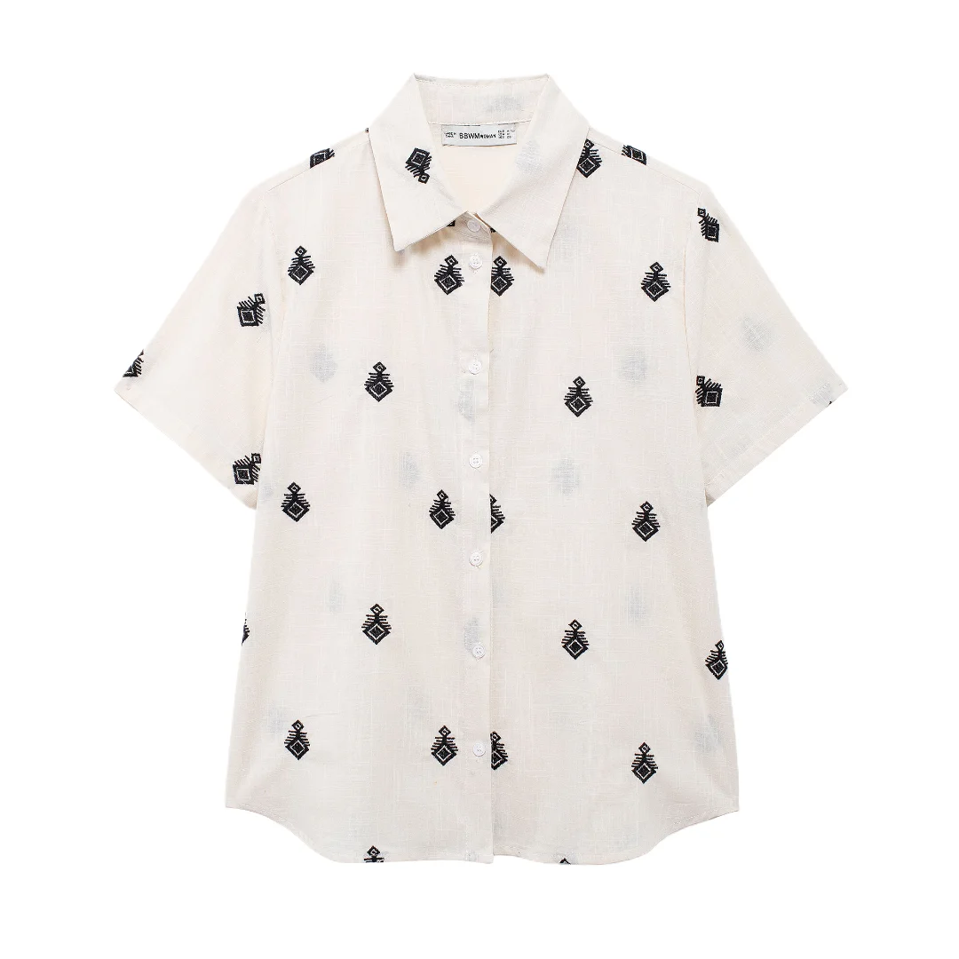thumbnail image 1 of HH TRAF Conjunto de 2 piezas de verano para mujer, camisa elegante de manga corta con cuello vuelto en contraste y pantalón ancho con botones y bordado para mujer, 1 of 5