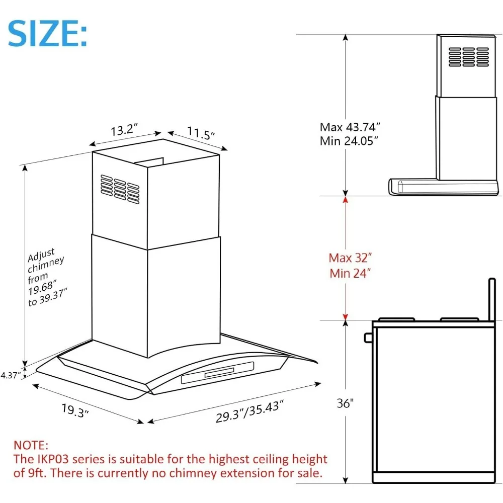 Wall Mount Range Hood Tempered Glass 900 CFM, Kitchen Chimney Vent Stainless Steel with Gesture Sensing
