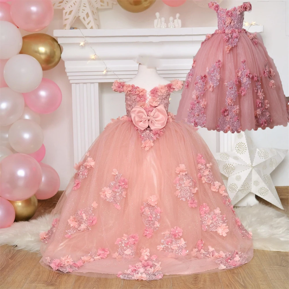 Pink Applique Flower Girl Dress For Wedding Tulle Elegant Floor Length Puffy Baby Kids Birthday Party First Communion Ball Gown 4
