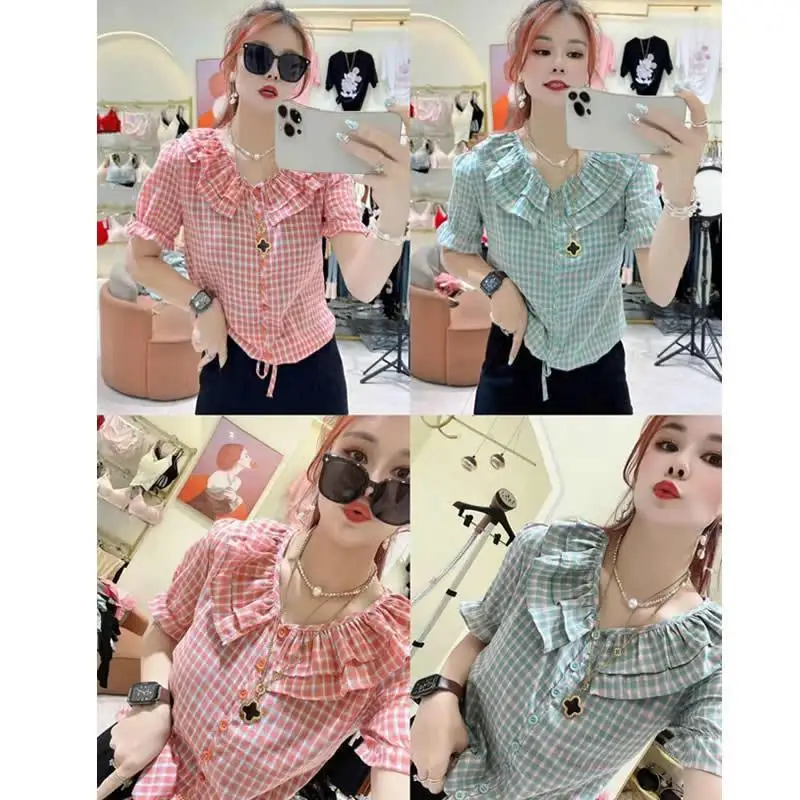 Sweet Peter Pan Collar Bandage Plaid Butterfly Sleeve Blouses Female Clothing 2024 Summer New Loose All-match Tops Casual Shirts
