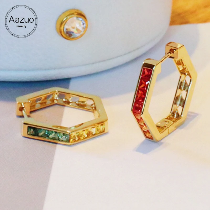 Aazuo 18K Fine Jewelry Pure Solid Yellow Gold Natural Coloured Gemstone Fairy Geometry Hoop Earring gifted for Women Birthday