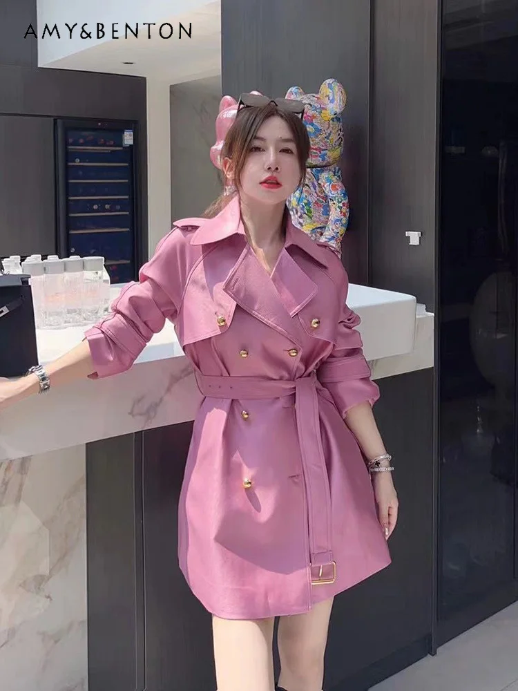 Socialite Elegant Suit Collar Belt Lace-up Trench Coat Spring New High-Grade Graceful Pink Fashion Midi Trench Coat for Women sexy black pink plaid blazer mujer long sleeve trench coat feminino high waist wind jackets for women 2021 fashion tailored coat